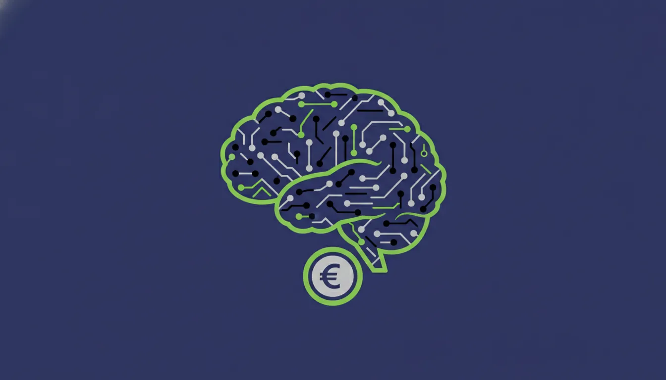 A minimalist illustration of a brain and euro coin representing AI talent and investment.