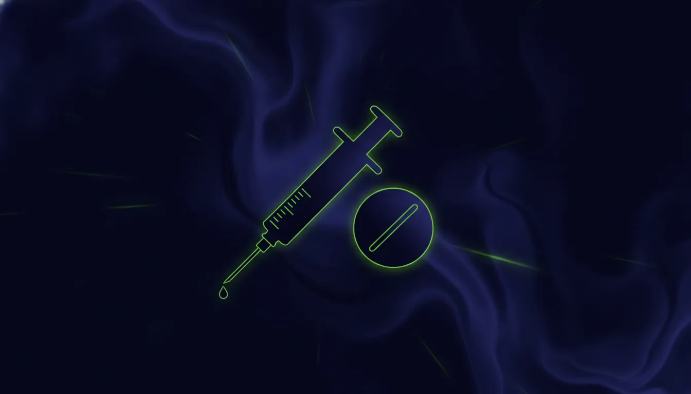 A minimalist illustration of a syringe and a pill on a dark background.