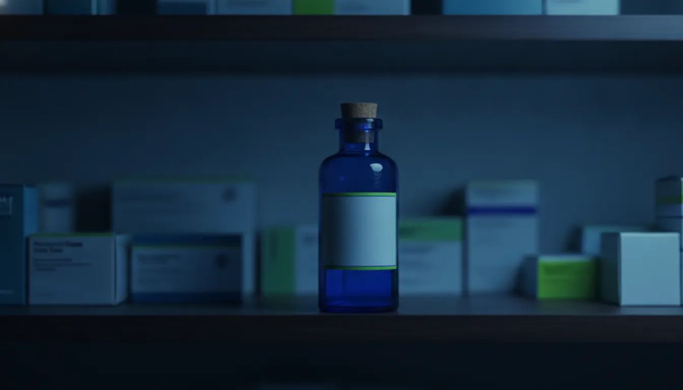 A medicine bottle on a pharmacy shelf in dim lighting.