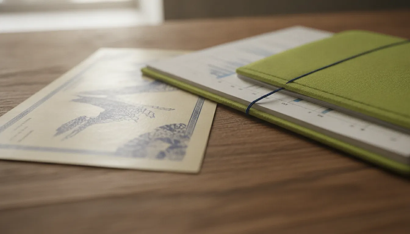 A stock certificate and financial report on a wooden desk
