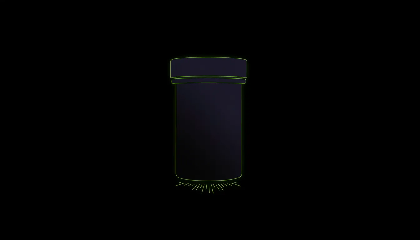A minimalist illustration of a pill bottle against a dark background.