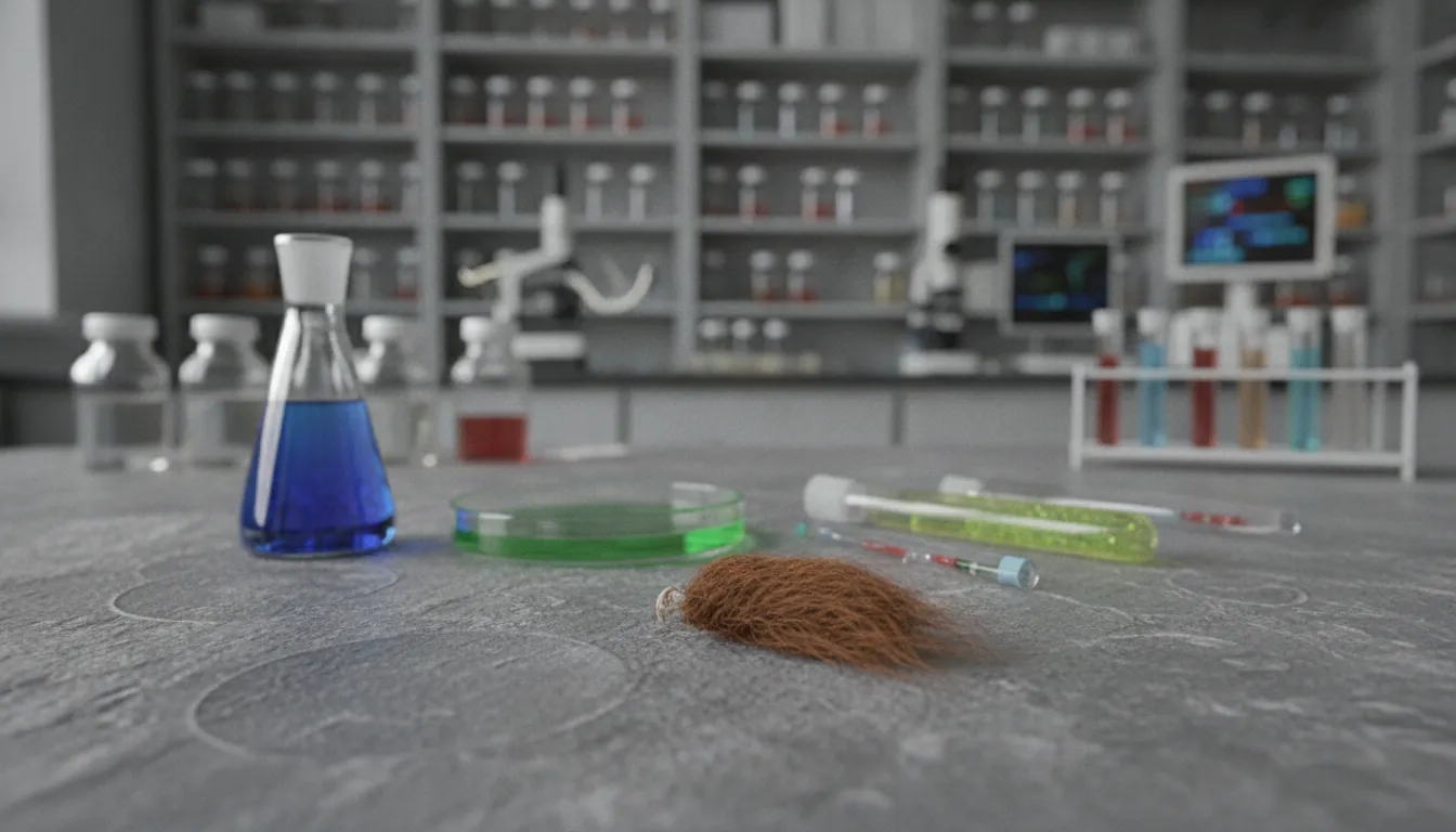 A preserved woolly mammoth hair sample on a lab table, surrounded by genetic materials.