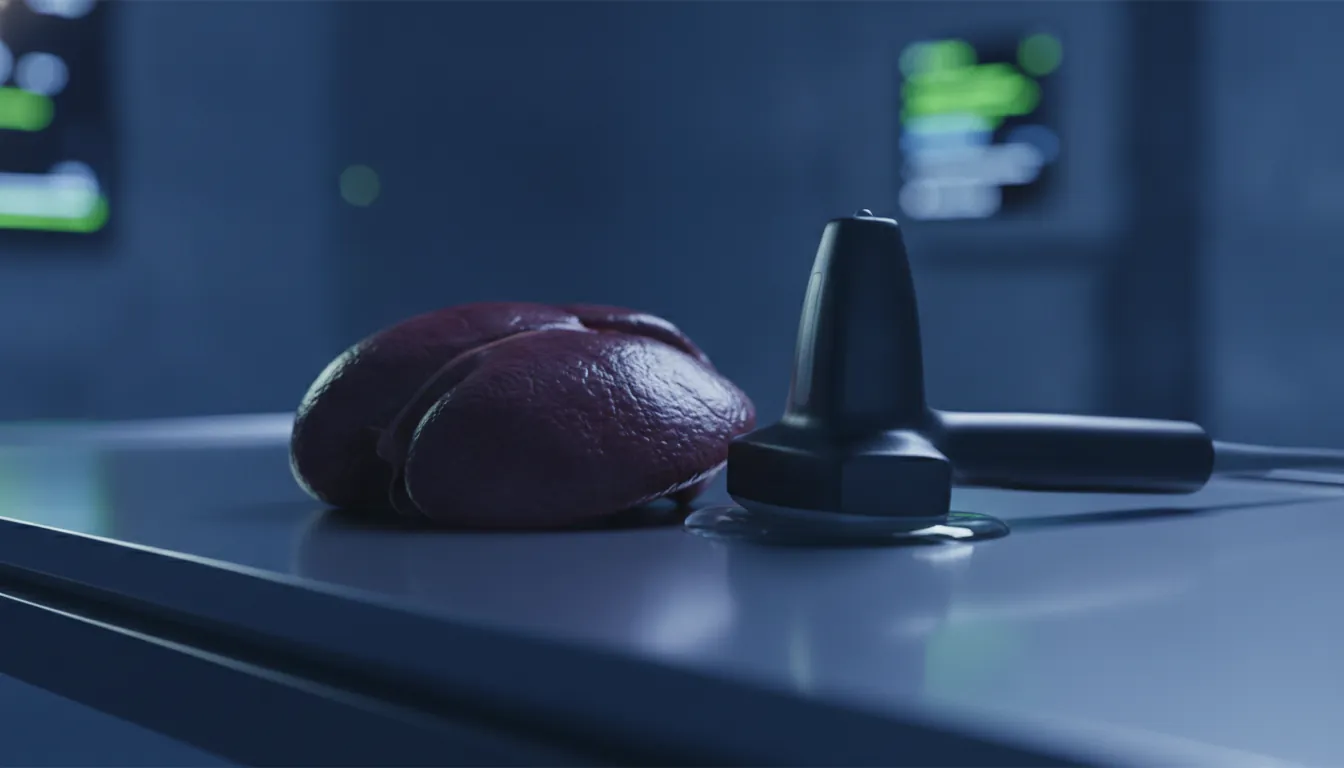 A human spleen on a clinical table with an ultrasound probe nearby.