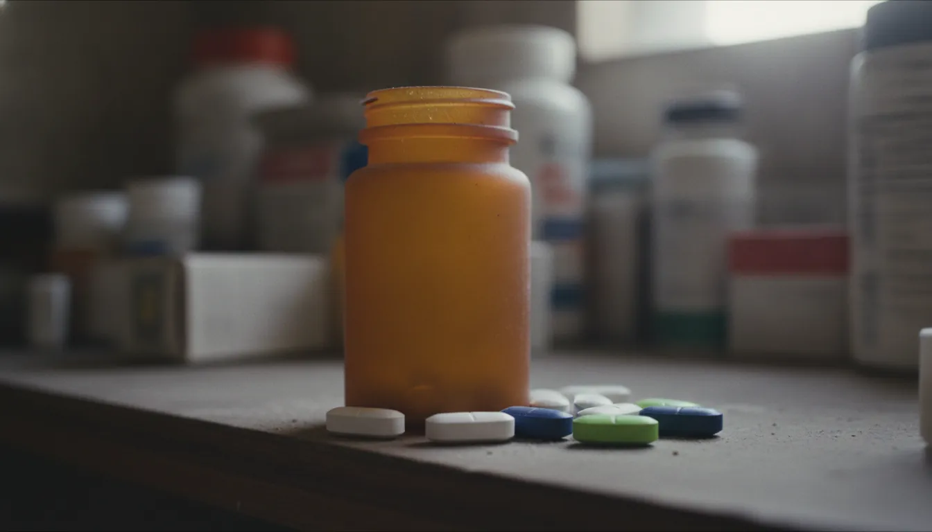 A pill bottle and tablets on a pharmacy shelf