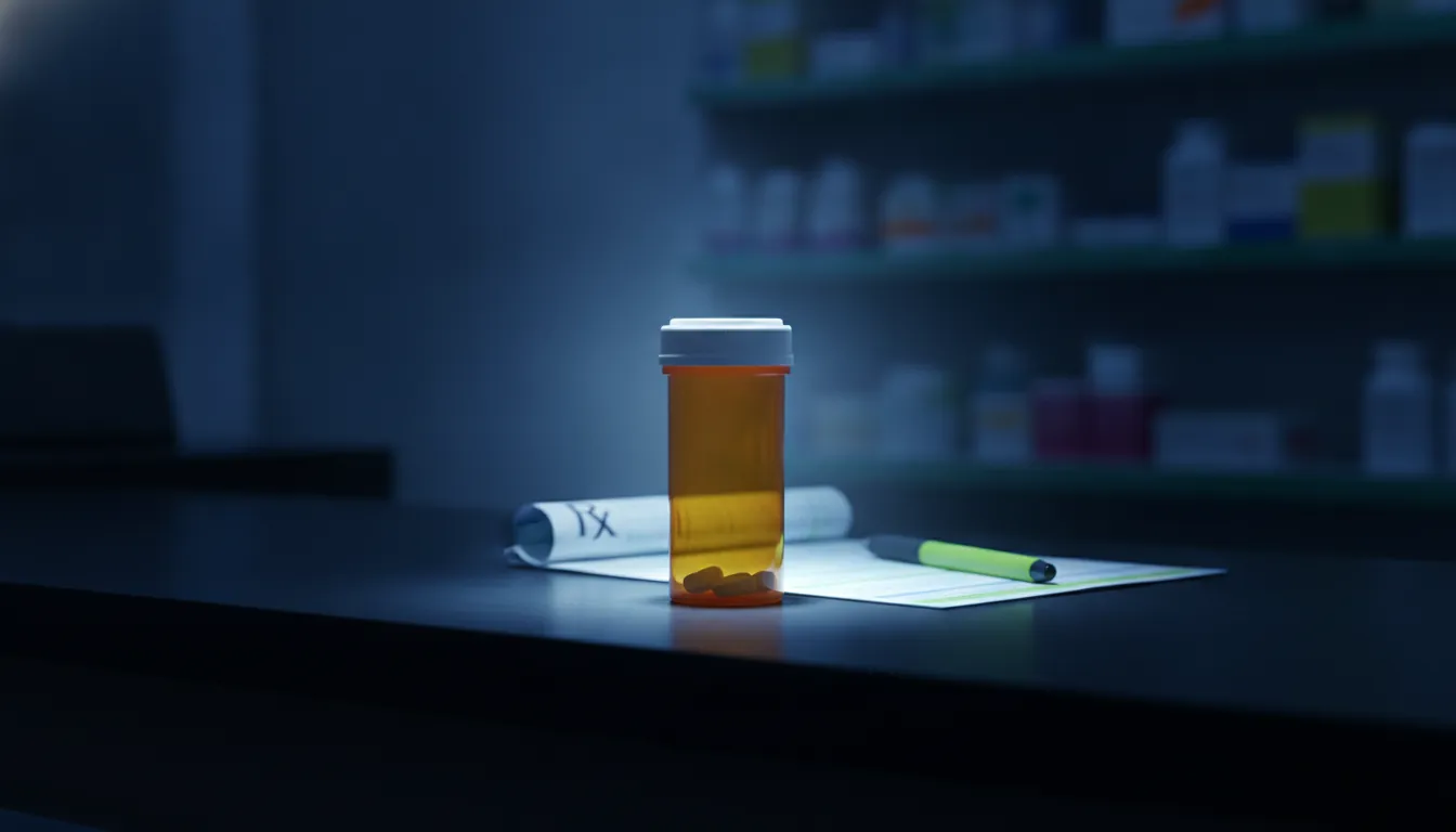 A pill bottle on a pharmacy counter with a prescription pad in the background.