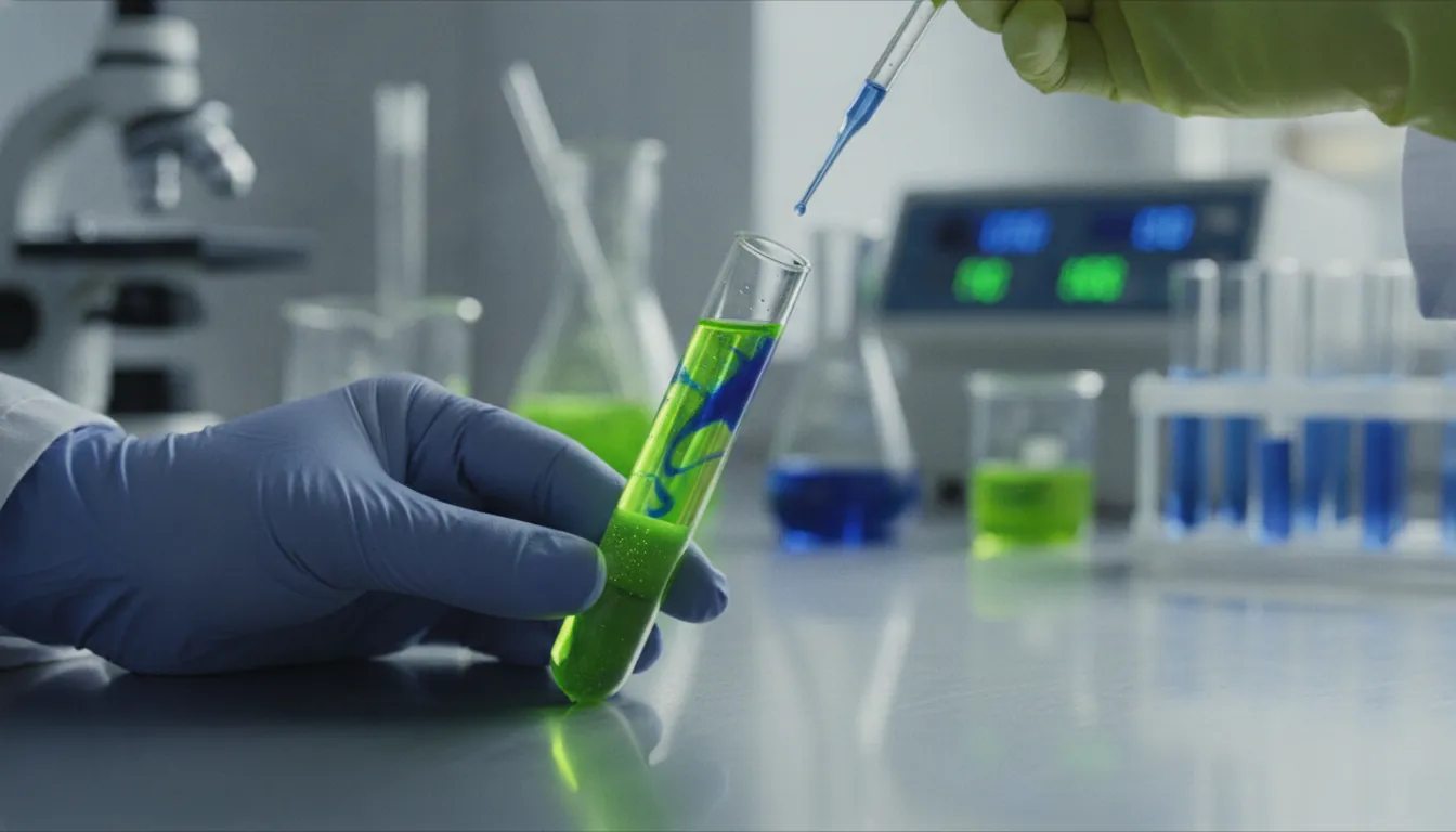A test tube with a colorful liquid on a lab bench