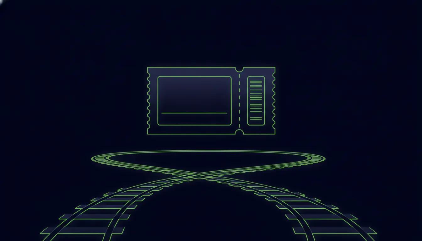 A minimalist illustration of a train ticket and railway track in dark colors with lime accents.