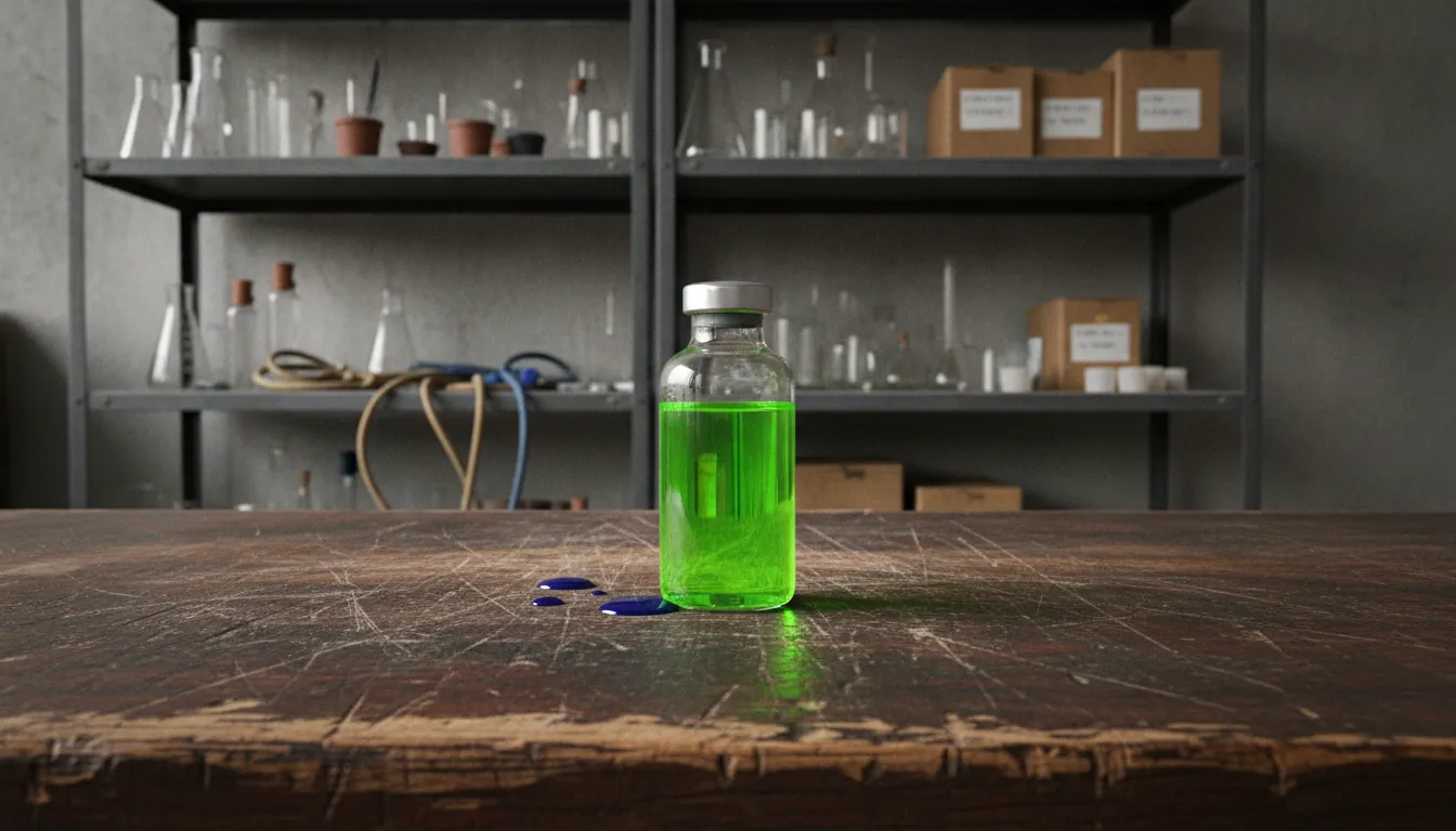 A vial of liquid on a workbench in a pharmaceutical lab