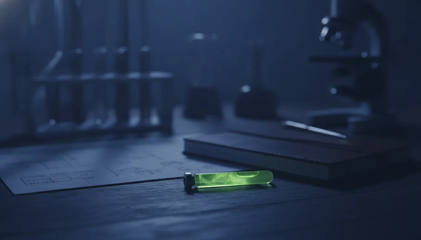 A vial of biotech compound on a lab bench with a research notebook in the background.