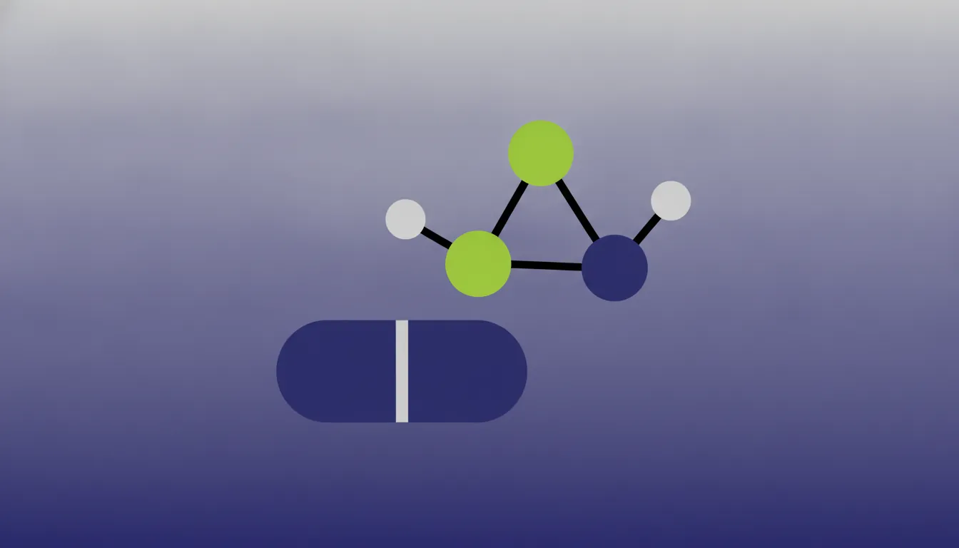 A minimalist illustration of a pill and a molecule on a solid background.