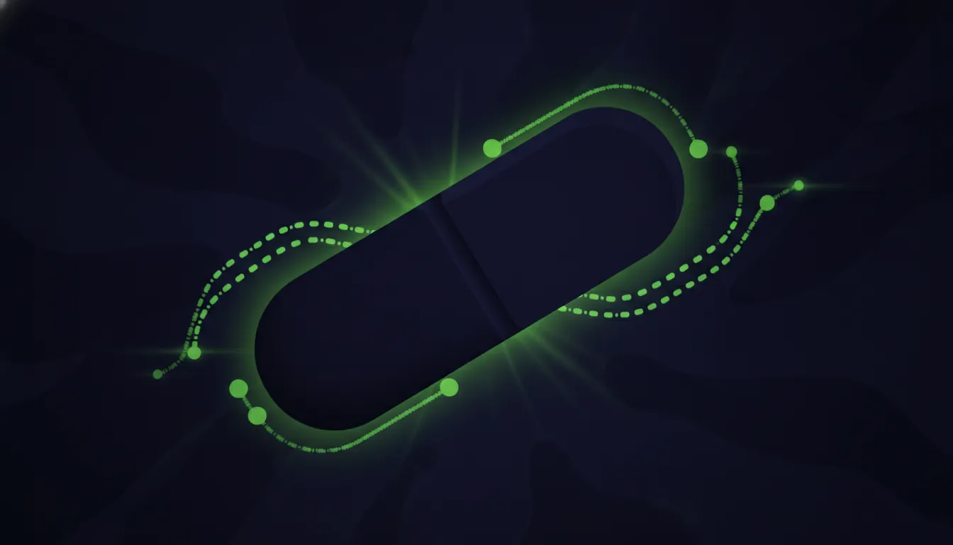 A minimalist illustration of a pill and a data stream in a dark palette.