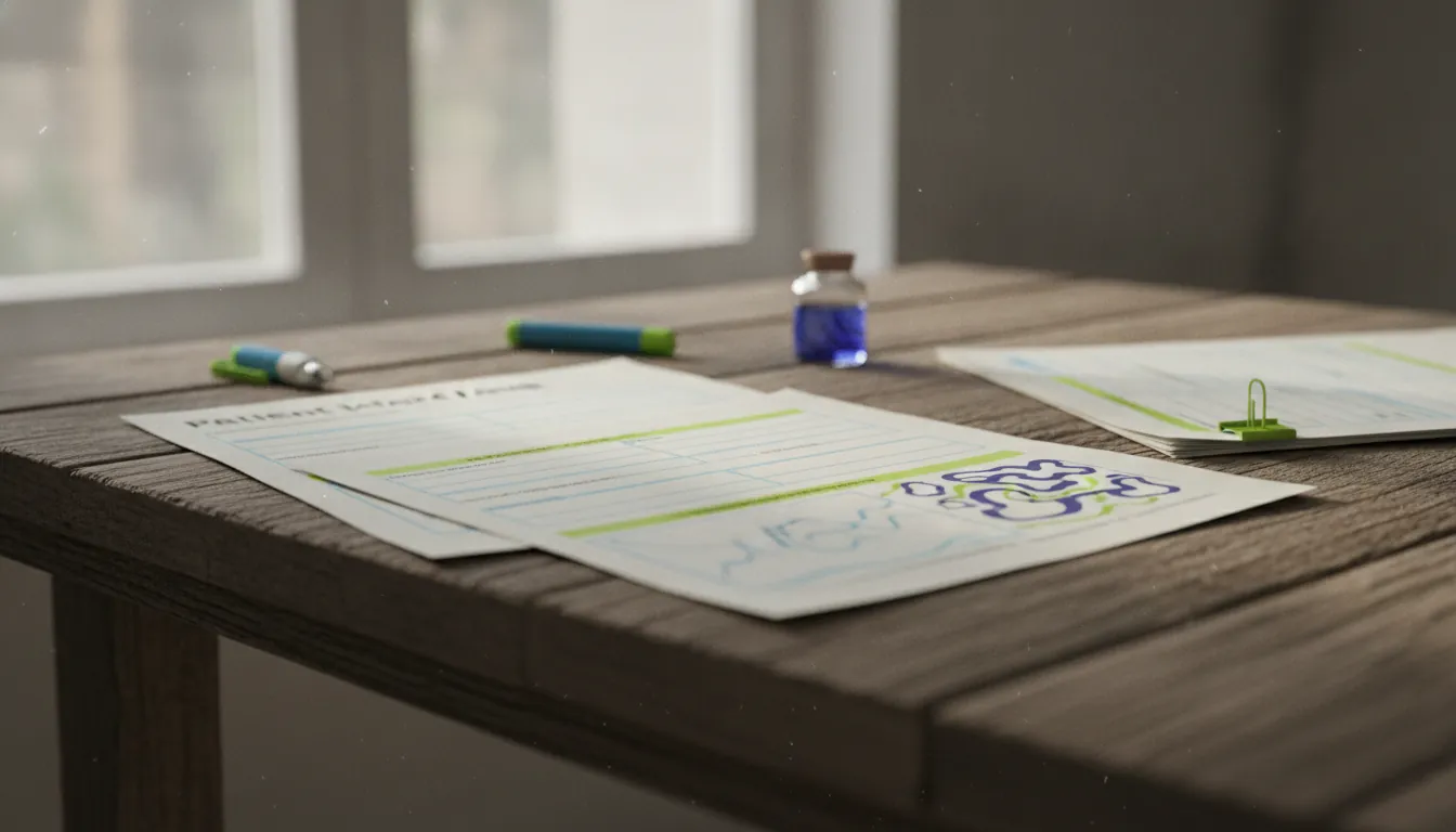 A patient intake form on a desk in a clinical setting