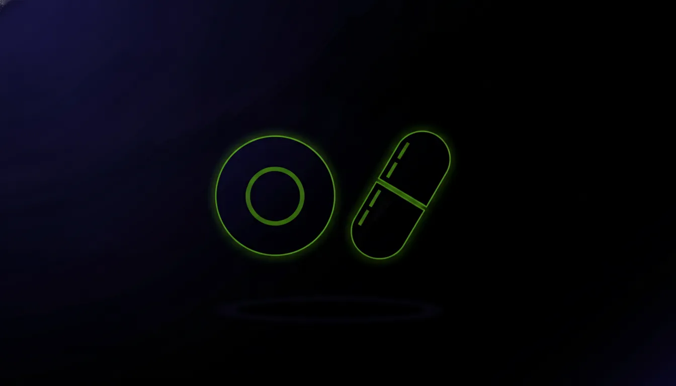 A minimalist illustration of a pill and capsule on a dark background.