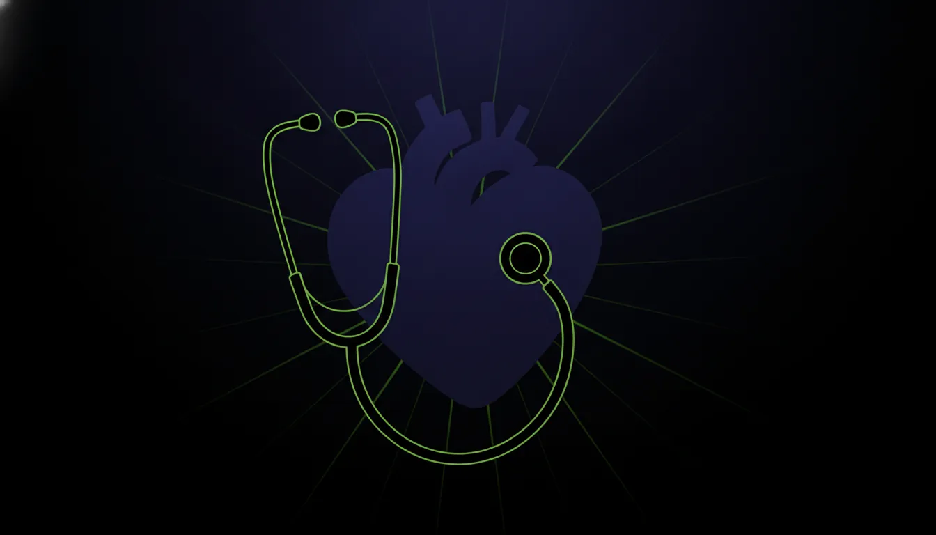 A minimalist illustration of a heart and stethoscope in a dark palette.