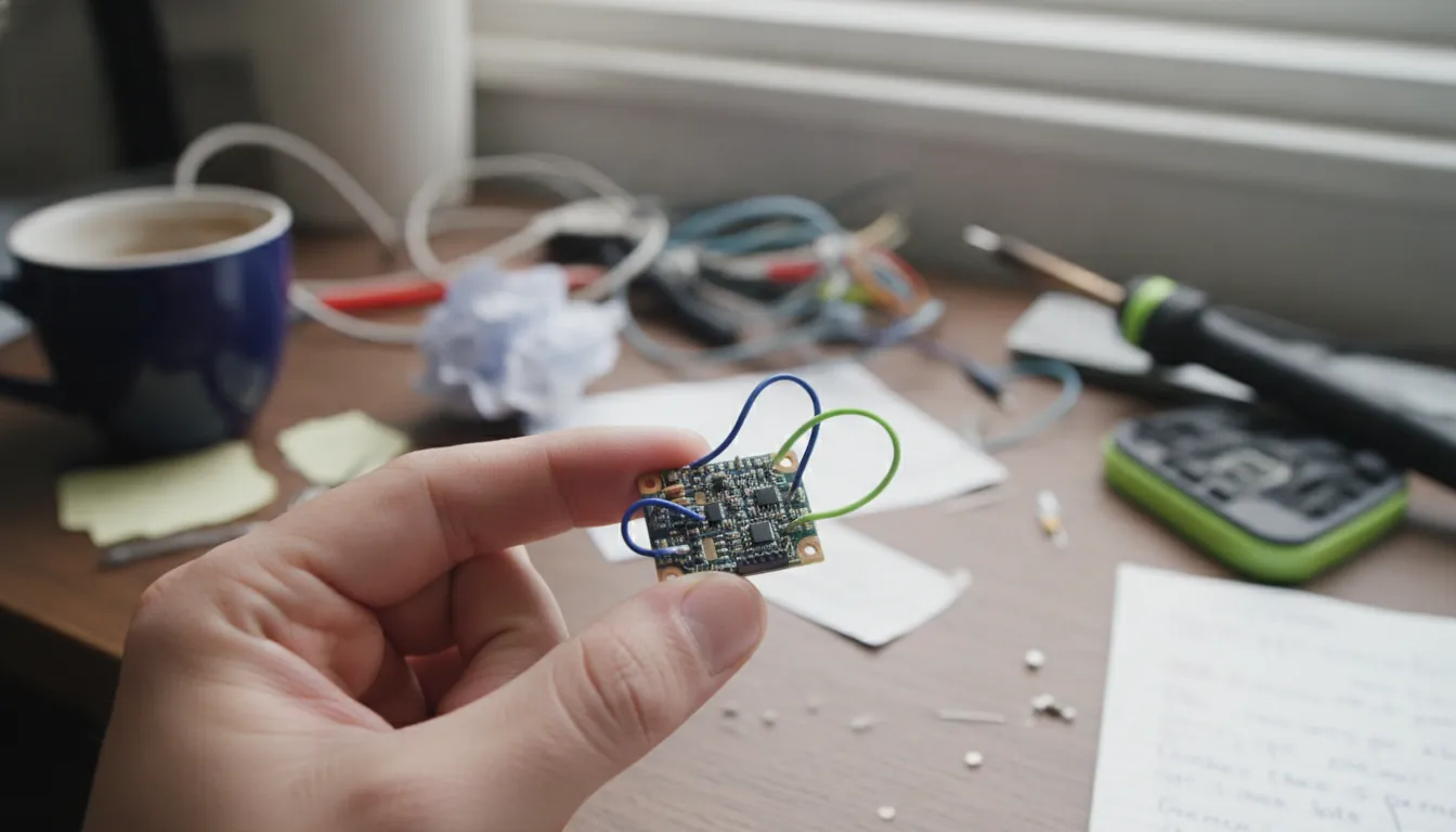 A hand holding a circuit board in a workspace