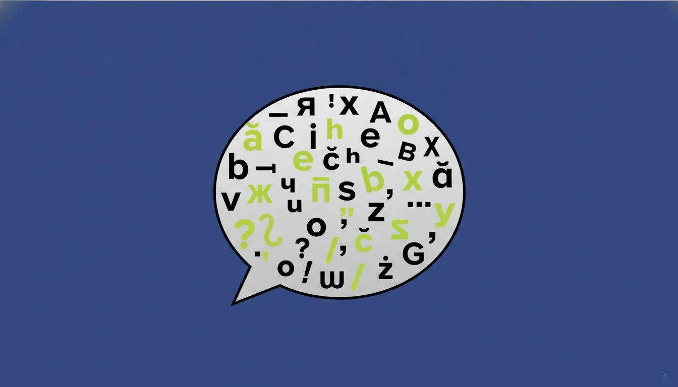 A minimalist illustration of a speech bubble filled with language symbols against a solid indigo background.