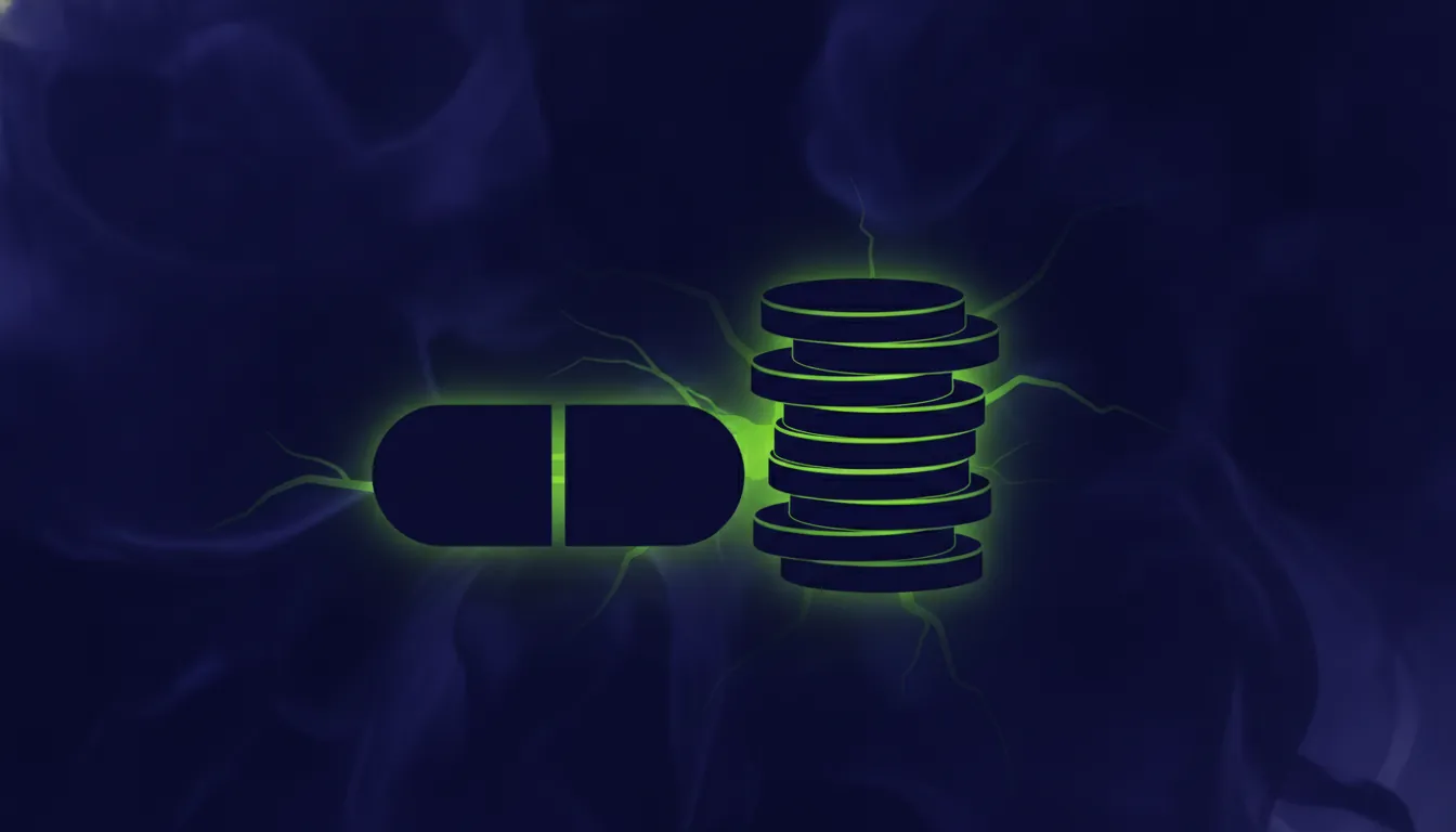 A minimalist illustration of a pill and coins representing biotechnology funding.