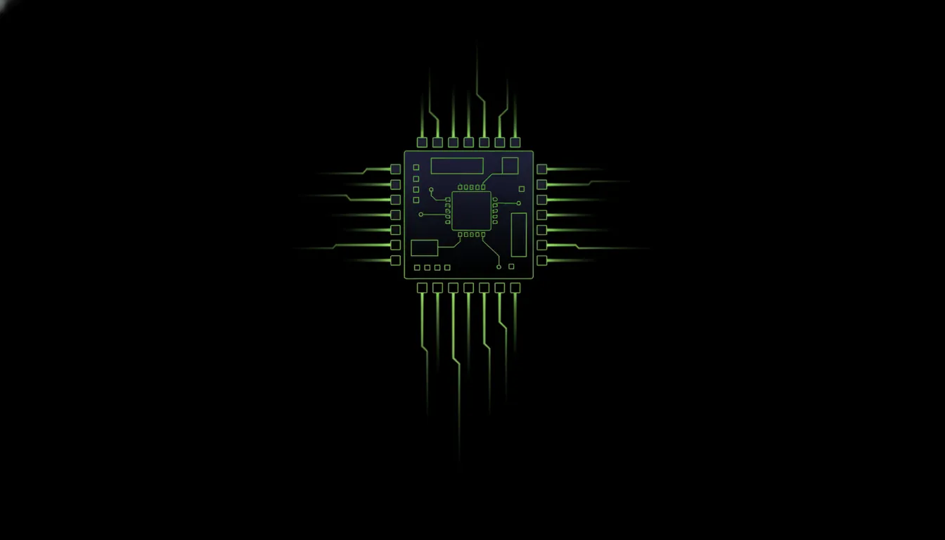 A minimalist illustration of a computer chip on a dark background.