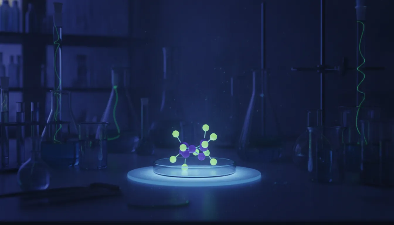 A molecule in a petri dish in a dimly lit lab