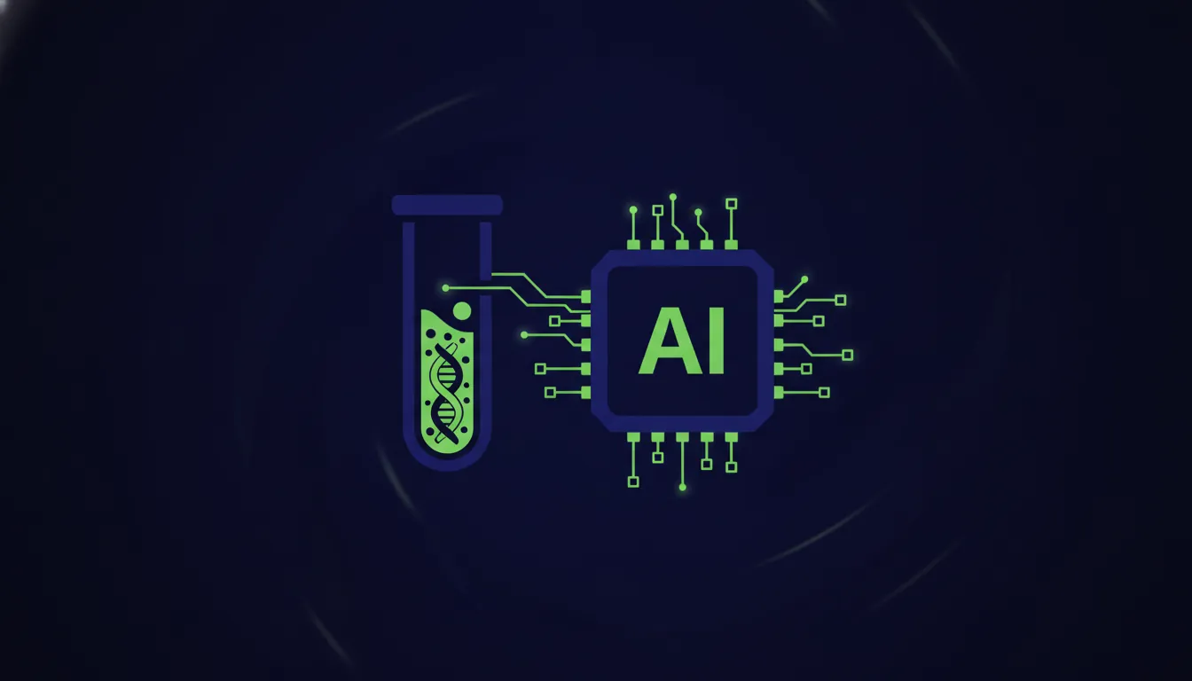 A minimalist illustration of a test tube and an AI chip in a dark palette.