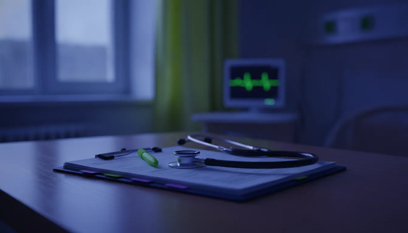 A medical chart and stethoscope in a dimly lit hospital room