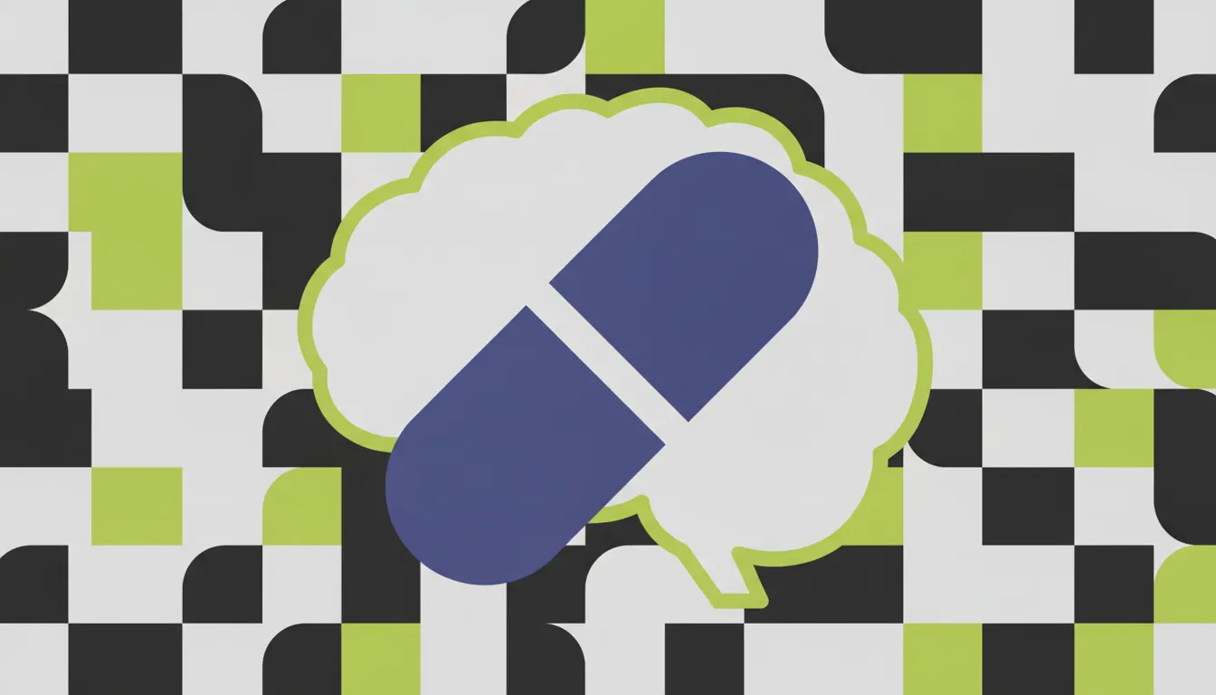 A flat illustration of a pill and a brain silhouette on a solid background.