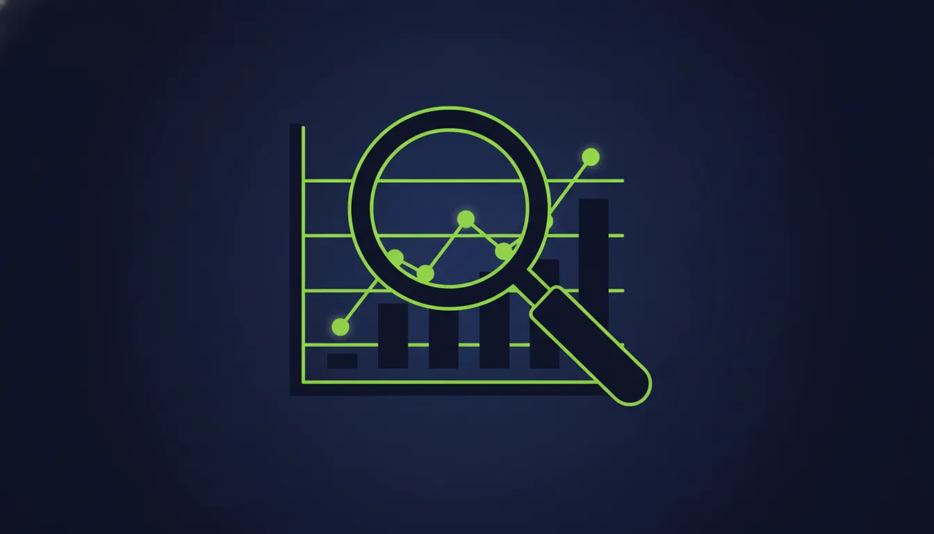 A minimalist illustration of a magnifying glass and data graph in a dark palette.