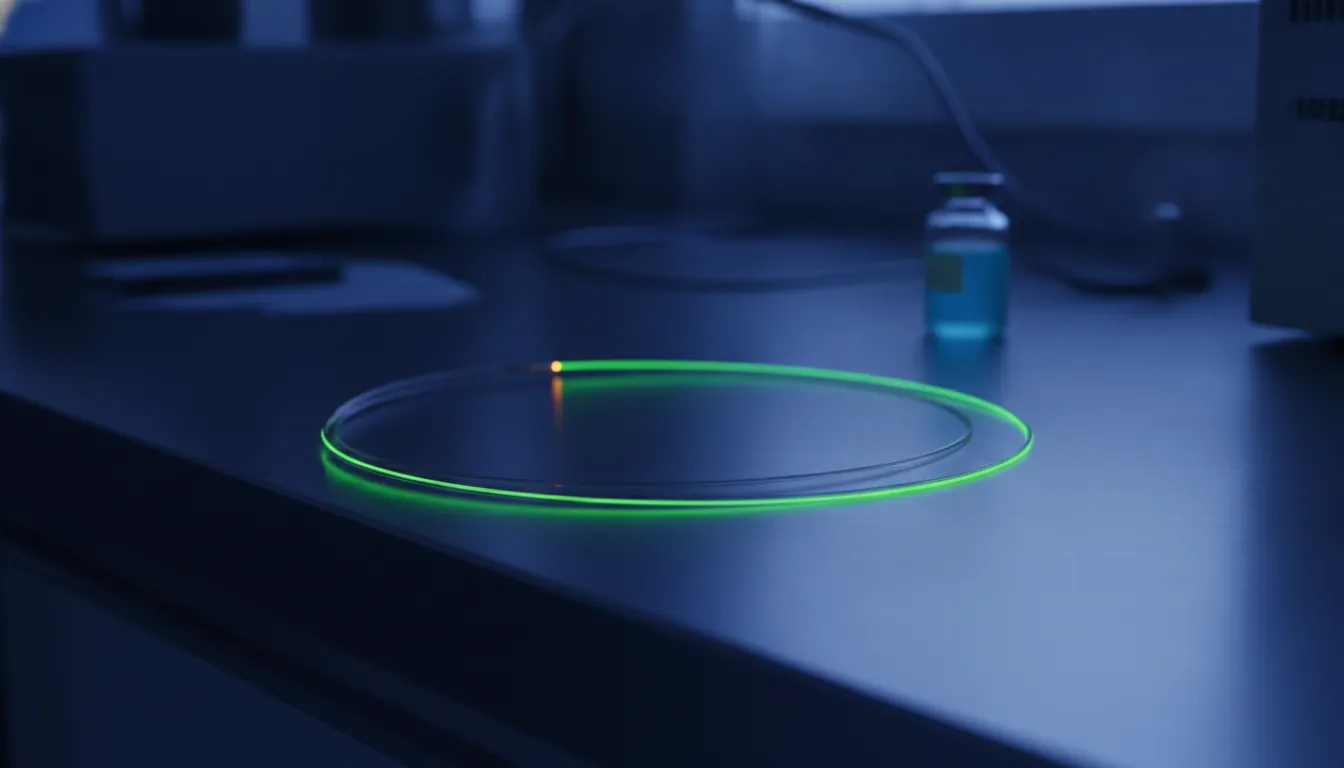 An optical fiber coiled on a lab table with a glass vial in the background.