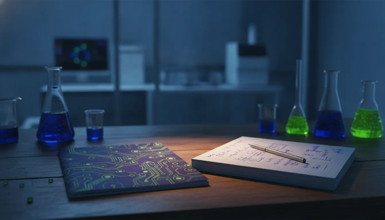 A biotech startup brochure and laboratory notebook on a desk in a dimly lit office.
