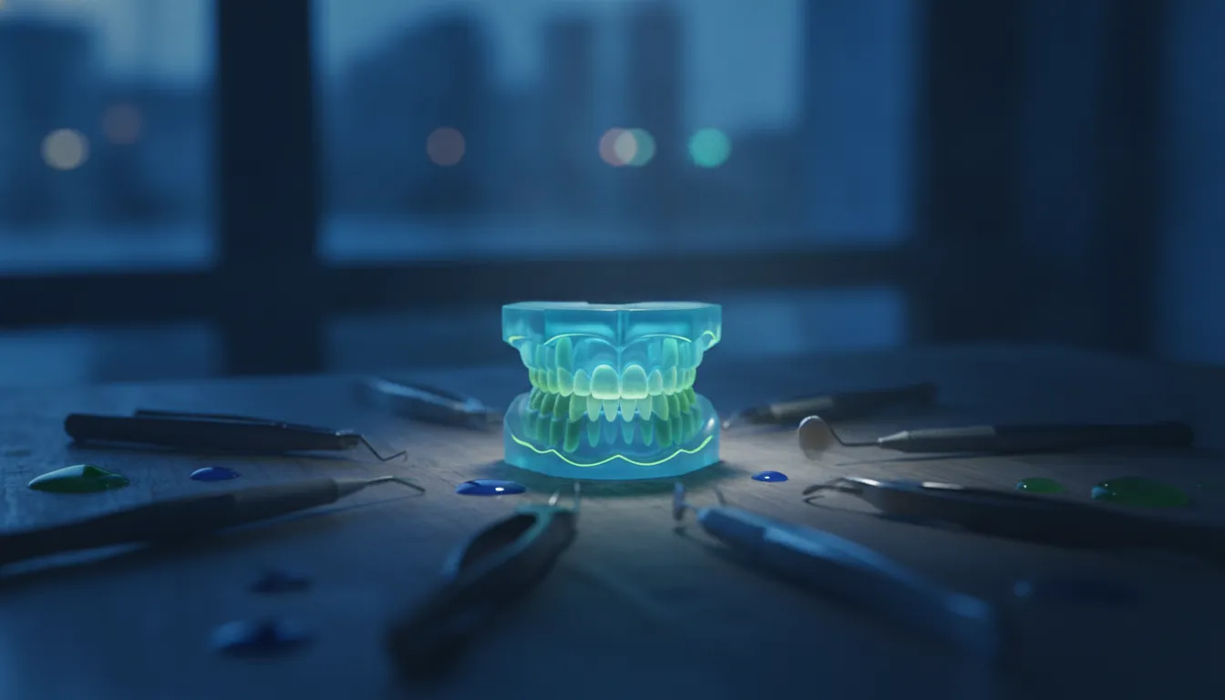 A dental mold and orthodontic tools in a dimly lit office