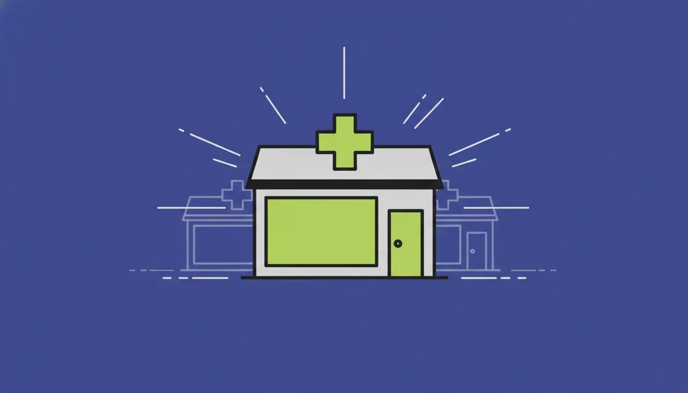 Minimalist illustration of a pharmacy storefront