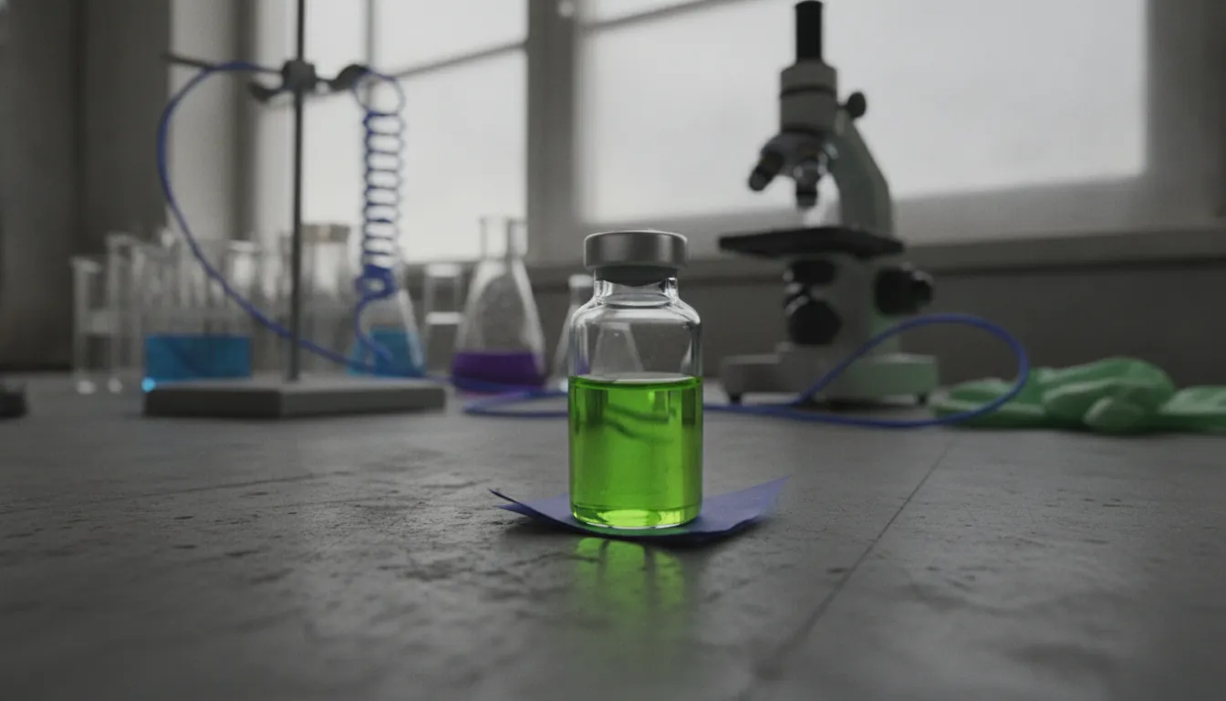 A clear vial of liquid on a lab bench with blurred lab equipment in the background.