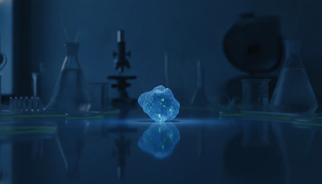 A drug compound on a lab bench in a dimly lit laboratory