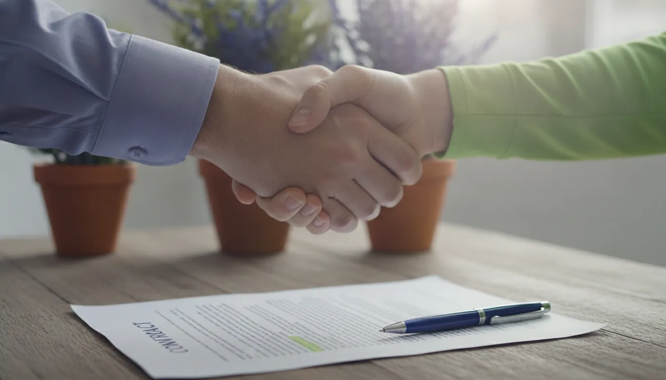 A handshake over a contract in an office setting