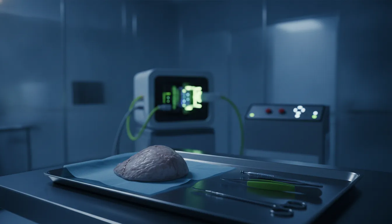 A breast tissue sample on a tray in a clinical setting, with an AI imaging device in the background.