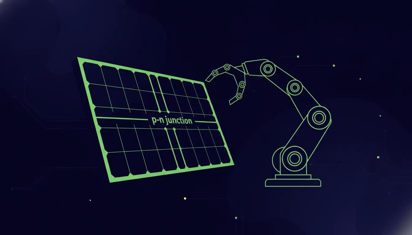 A minimalist illustration of a solar panel and robotic arm in a dark palette.