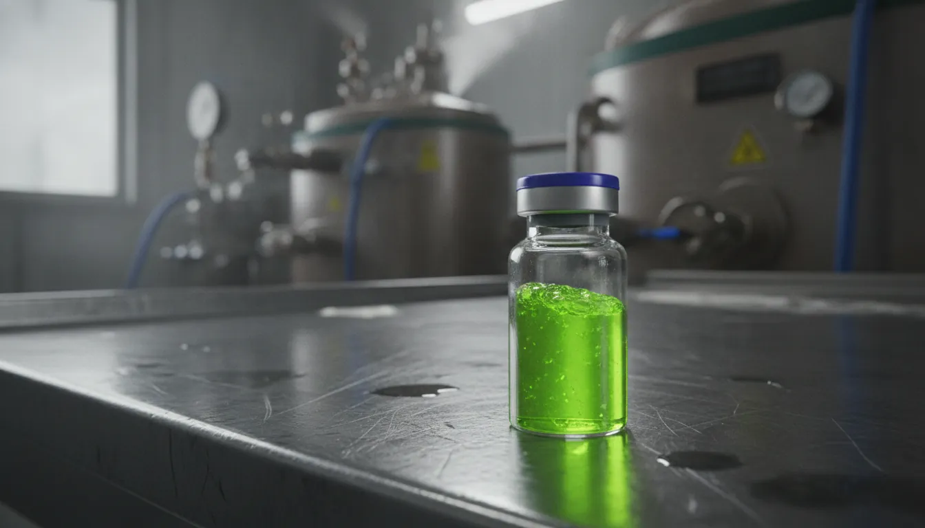 A glass vial with a drug compound in a manufacturing facility