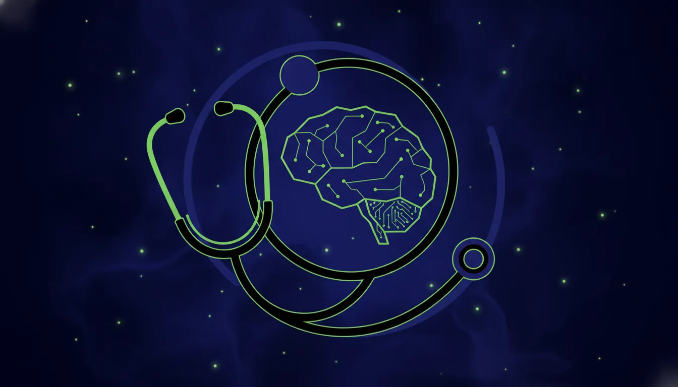 A minimalist illustration of a stethoscope and brain representing AI in healthcare.