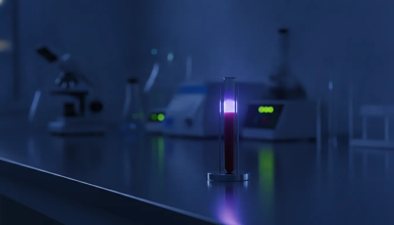 A test tube with a blood sample in a dimly lit lab setting.