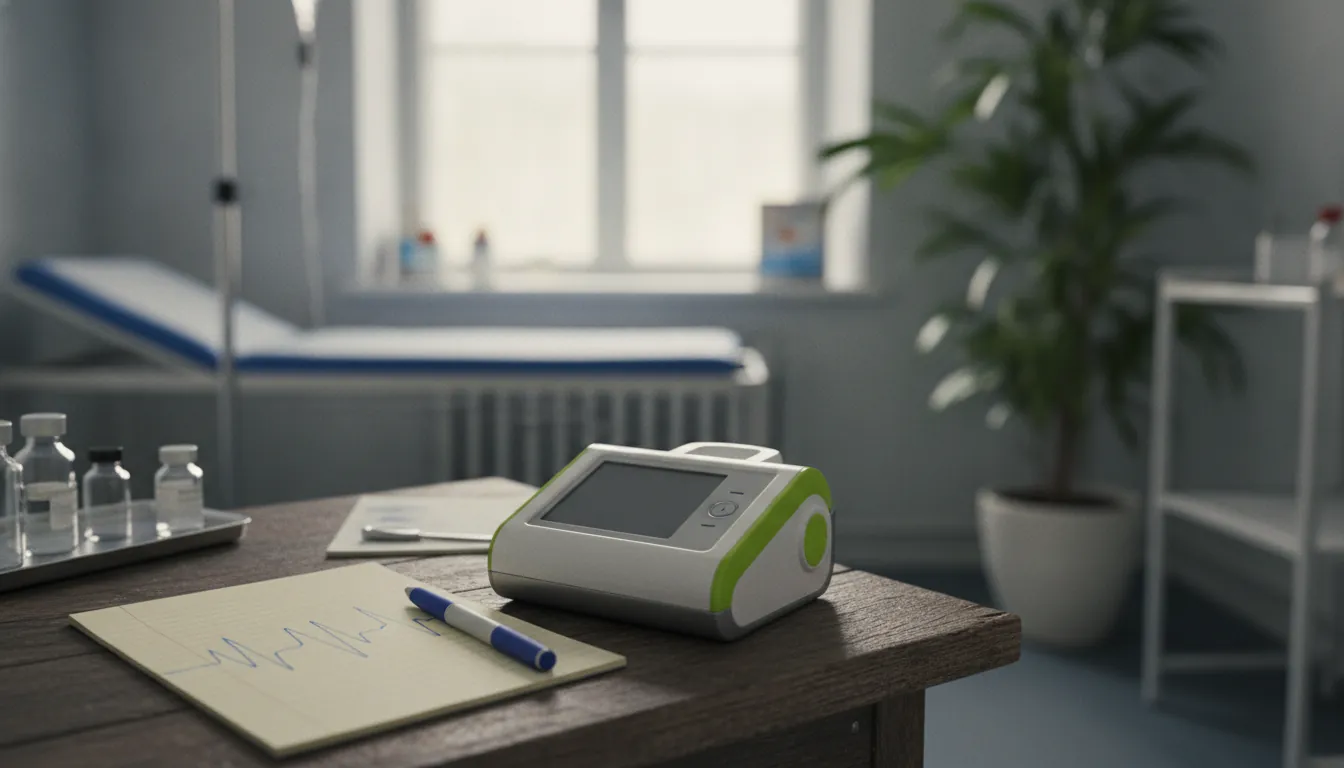 Handheld diagnostic device for COPD testing on a wooden table in a clinical setting.