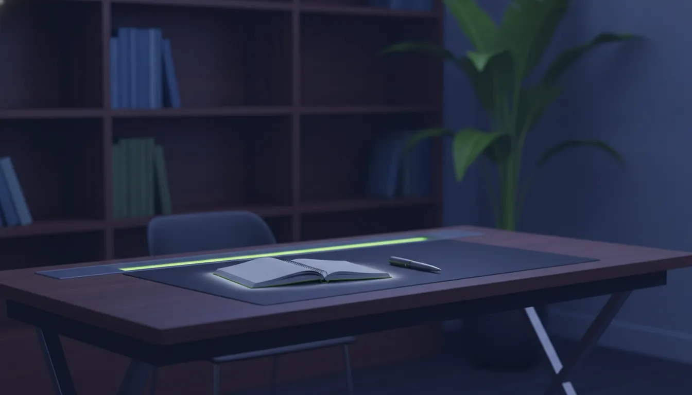A modern desk with a notepad and pen in a dimly lit office, symbolizing innovation in life sciences funding.