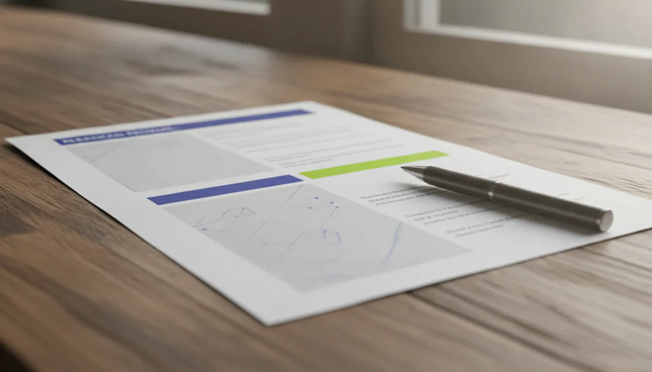 A clinical trial document and pen on a wooden desk