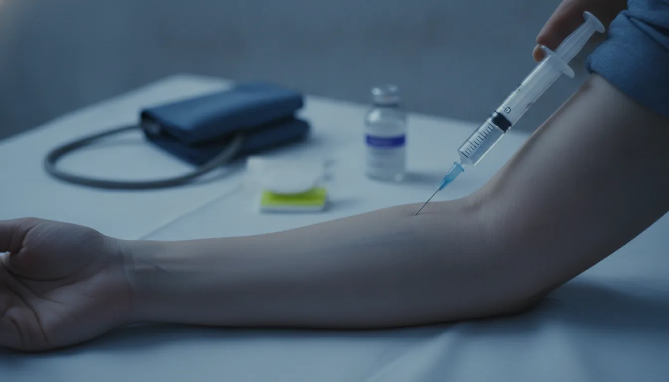A syringe above a patient's arm in a clinical setting