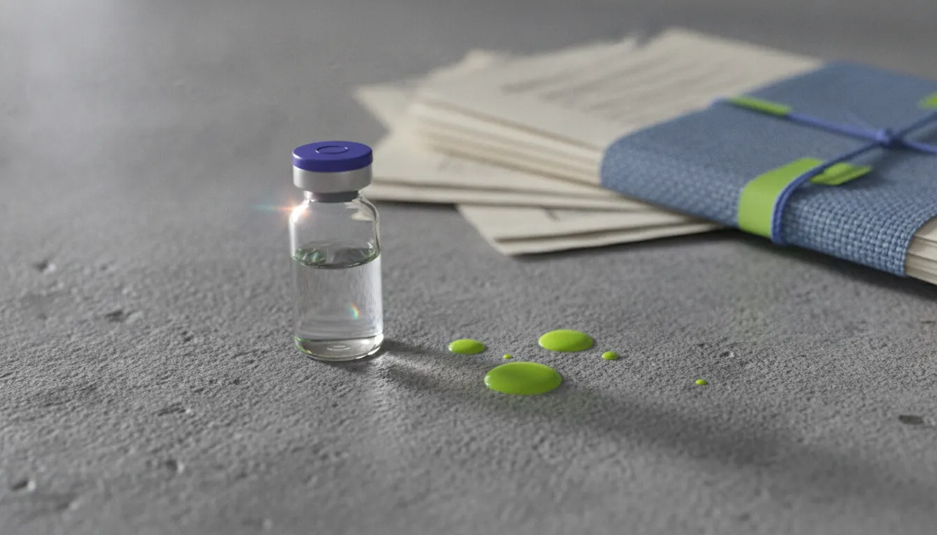 A vial of medication on a lab bench with compliance documents in the background.