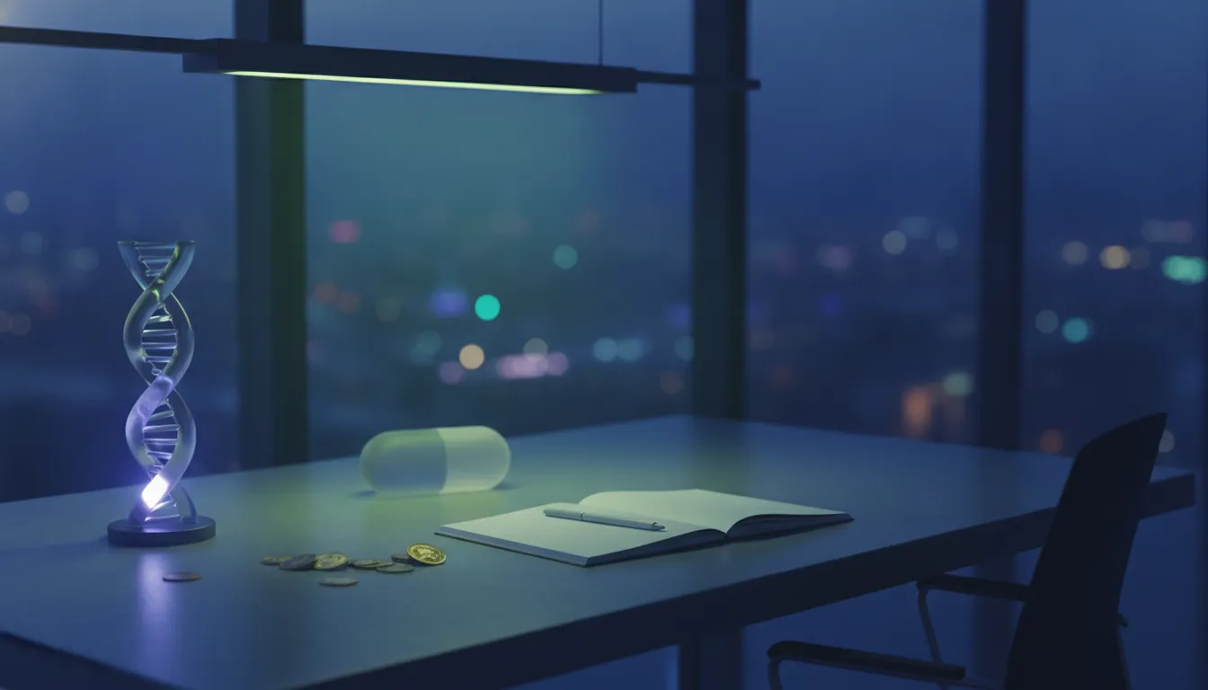 A dimly lit office desk with scattered coins and a notepad, symbolizing financial investment in pharmaceuticals.