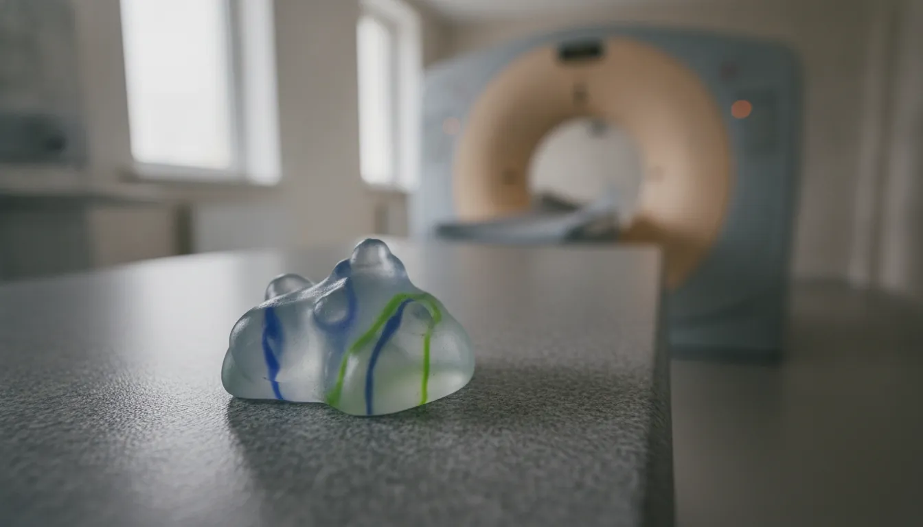 A lung nodule model on a clinical table with a CT scanner in the background.