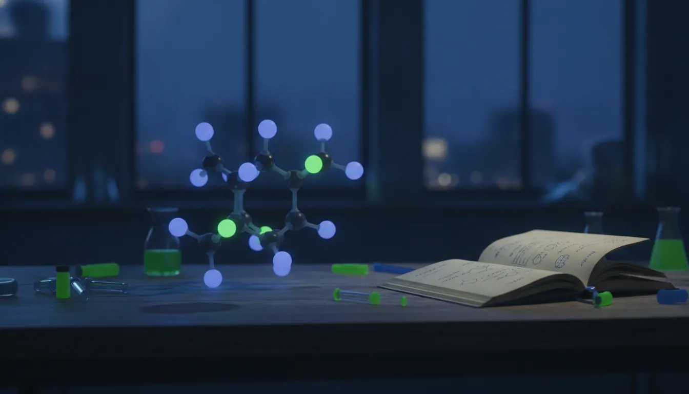 A molecular model and research notebook in a dimly lit lab