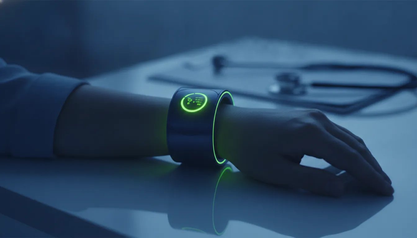 A wearable health device on a patient's wrist in a clinical setting