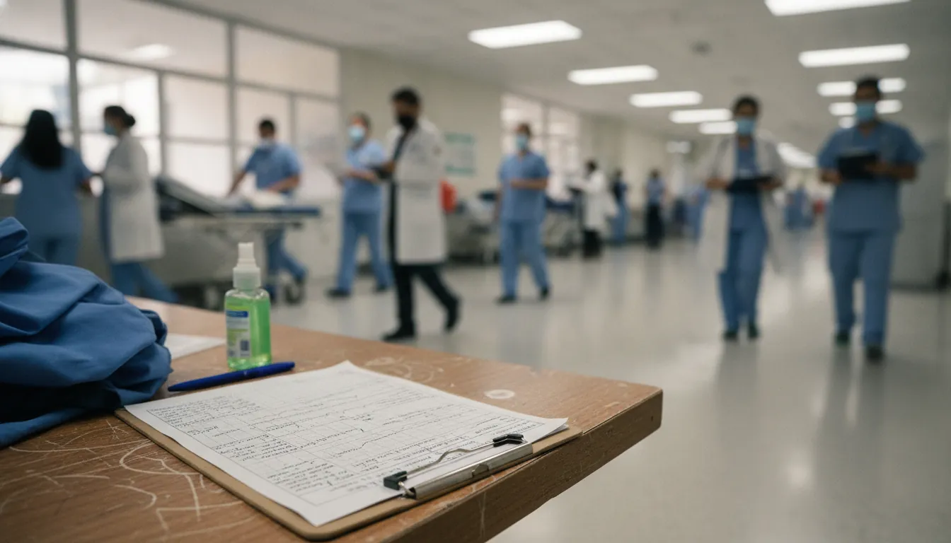A medical chart on a table in a busy hospital corridor