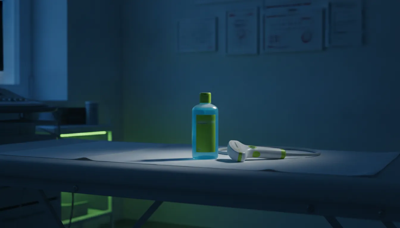 A bottle of ultrasound gel and probe in a clinical setting